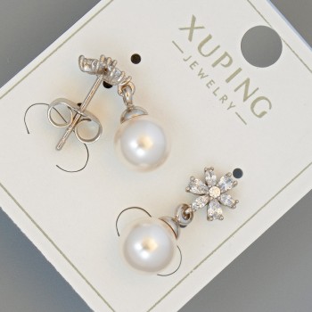 Xuping stud earrings with white crystals and a bead, diameter 8 mm, length 20 mm, rhodium-plated