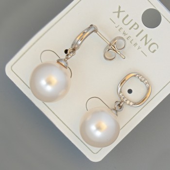 Xuping Stud Earrings with White Rhinestone and Bead, 12 mm Diameter, 26.5 mm Length, Rhodium-Plated