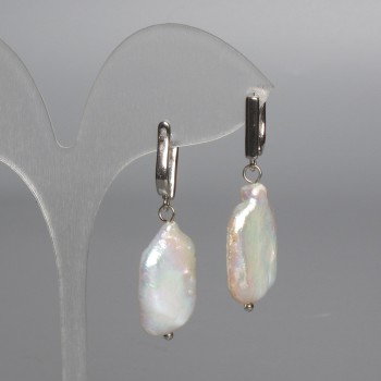 Baroque Pearl Earrings with a Gasoline Tint, diameter 14.5 × 23 mm, total length about 40 mm, English clasp