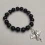 Black Agate Bracelet (pressed) Smooth Beads, 10 mm diameter, 18 cm length, stretch, with metal inlays