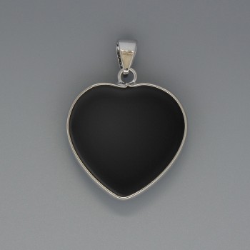 Heart Pendant in Black Agate, 26×26 mm diameter, 36 mm long, in a silver-toned setting