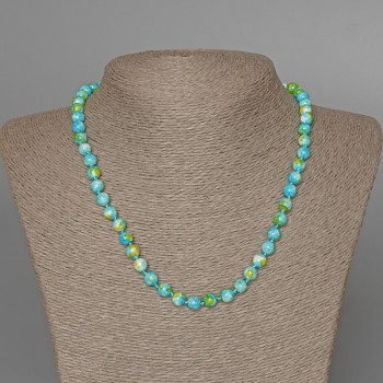 Necklace 'Variscite' (acrylic) in blue, white, and yellow colors, smooth beads, 6.5 mm diameter, 48 cm length