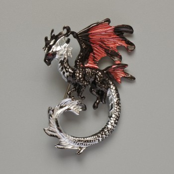 Dragon Brooch Pendant in burgundy, black and gray enamel on silver-toned metal 42x58 mm