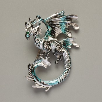 Dragon brooch pendant with blue, black, and gray matte enamel on silver-toned metal 42×58 mm