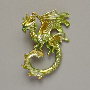Dragon Brooch Pendant with Salad-Green Matte Enamel and Golden Metal 42x58mm