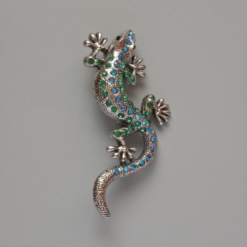 Lizard Brooch with Green and Blue Rhinestones, Silver-Tone Metal, 29×63 mm