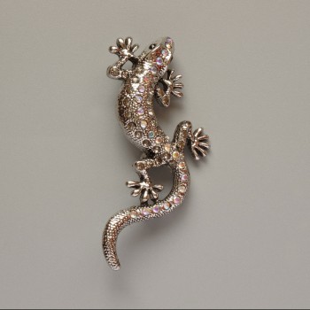 Lizard Brooch with Pink Chameleon Crystals, Silver Metal, 29x63mm