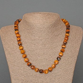 Beaded Tiger's Eye necklace with natural faceted cube stones, 9 mm diameter ±, length 50 cm+