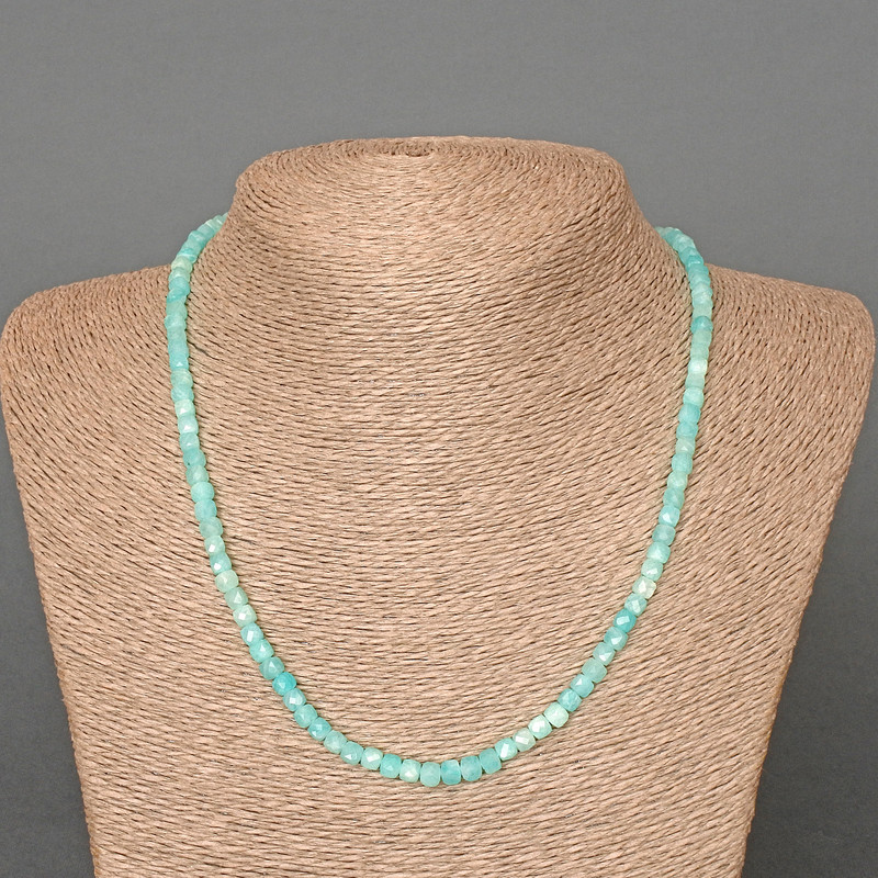 Amazonite Necklace, natural stone, faceted cube beads, diameter 4 mm, length 48 cm