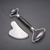 Hematite Natural Stone Massage Set - Roller Massager (about 14 cm) + Gua Sha (5×8 cm ±), Silver Metal
