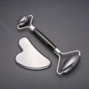 Hematite Natural Stone Massage Set - Roller Massager (about 14 cm) + Gua Sha (5×8 cm ±), Silver Metal