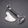 Hematite Natural Stone Massage Set - Roller Massager (about 14 cm) + Gua Sha (5×8 cm ±), Silver Metal