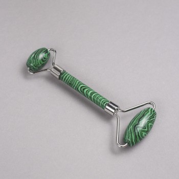 Two-sided malachite roller massager, 14.5 cm long, silver-toned metal