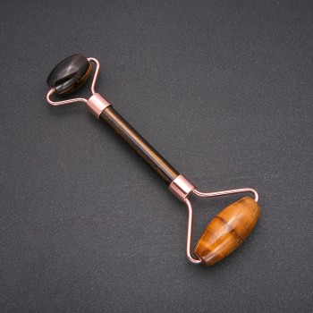 Roller Massager with Tiger's Eye Stone, Golden Metal, Length 14.5 mm