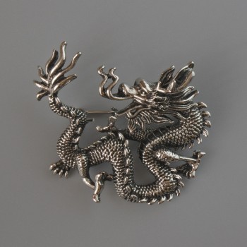 Dragon Brooch-Pendant Silver-Toned Metal 44×37 mm