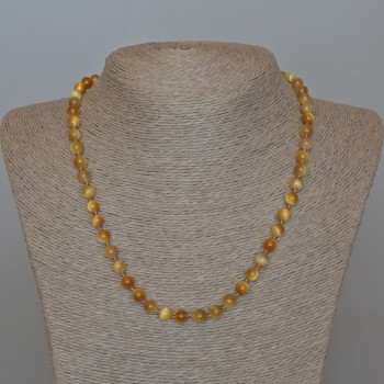 Yellow Cat's Eye Necklace with Natural Stone, Smooth Bead, Diameter 6.5 mm, Length 49 cm