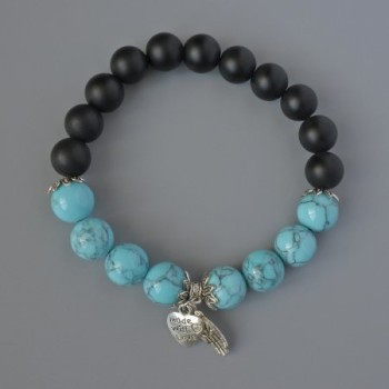 Shungite and Turquoise Bracelet (Individual) Smooth Beads, 10mm Diameter, 18cm Length, with Metal Accents (Stretch)