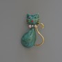 Kitty Brooch Pendant in dark green pearlized enamel with rhinestones, crystals, gold-tone metal 25x39mm