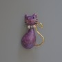 Kitty brooch pendant, purple pearlescent enamel with rhinestones, gold-tone metal, 25×39 mm