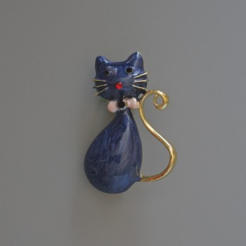 Cat Brooch Pendant, Blue Mother-of-Pearl Enamel with Glitter and Rhinestones, Gold-Tone Metal 25x39 mm