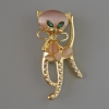 Kitty Brooch-Pendant with Pink Cat's Eye, Green Crystals, Pink and White Rhinestones, Gold-Tone Metal 25x55 mm