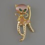 Kitty Brooch-Pendant with Pink Cat's Eye, Green Crystals, Pink and White Rhinestones, Gold-Tone Metal 25x55 mm
