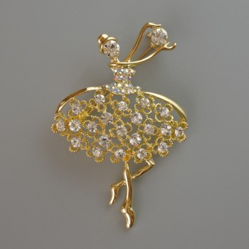 Brooch 'Ballerina' with white and pink crystals, gold-tone metal 39×54 mm