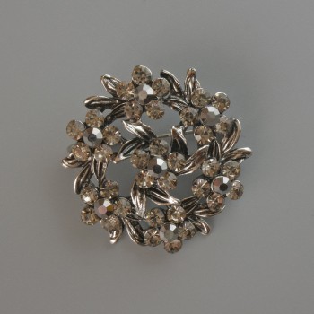 Flower Brooch with Gray Rhinestones, Silver Metal 37x37mm