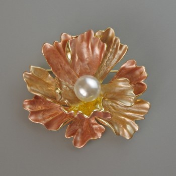 Beige matte enamel brooch-pendant 'Flower' with white bead, gold-tone metal 46x43 mm