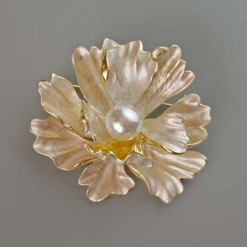Flower brooch-pendant with white matte enamel and white bead, golden metal 46x43mm
