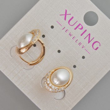 Xuping Earrings with White Crystals and Mallorca Pearls, 15x10 mm Diameter, 18K Gold Plating