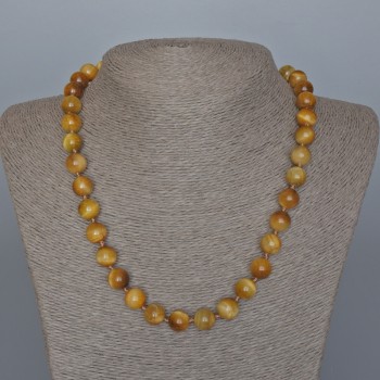 Yellow Cat's Eye Necklace, natural stone, smooth beads, diameter 10.5 mm, length 49 cm