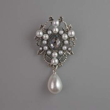 Accent Brooch with White Beads, Gray Crystal, Silver-Toned Metal 51×28 mm