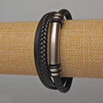 Men's bracelet with metal inlays, 21 cm long, 17 mm thick, black eco-leather