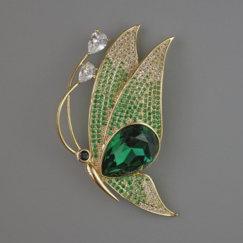 Butterfly Brooch with green and white crystals and rhinestones, 56x30 mm, gold-tone metal