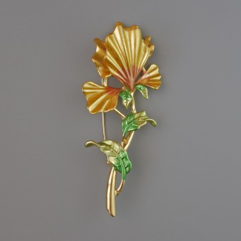 Iris Brooch with Yellow-Green Enamel, 78x34mm, Gold-Toned Metal