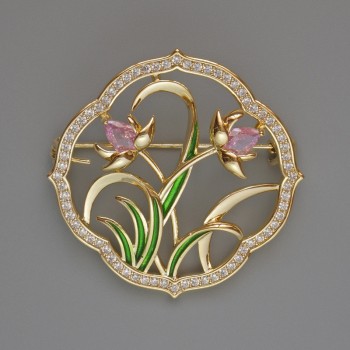 Brooch 'Flowers' with pink crystals, white rhinestones, green enamel, 38x38 mm gold-toned metal