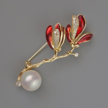 Brooch Flowers with white crystals and bead, red enamel 56x27mm golden metal