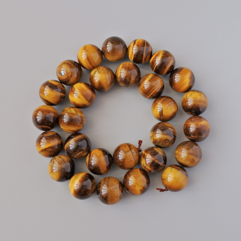 Tiger's Eye Beads, natural stone, smooth round beads, diameter 14 mm, length 39 cm, on thread