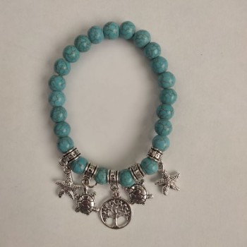Turquoise Bracelet (synthetic) smooth beads, 8 mm diameter ± with silver inserts, length 18 cm ± (stretch)