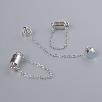 Magnetic clasp, diameter 13×6 mm, silver-tone metal with chain, length 5 cm