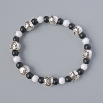 Bracelet in White Agate and Shungite, smooth beads, 6 mm diameter, 18 cm length (stretch) with metal inserts