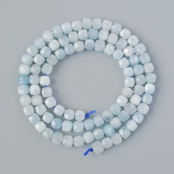 Aquamarine beads, natural stone, faceted cube beads, 4 mm diameter ±, 39 cm length ± on thread