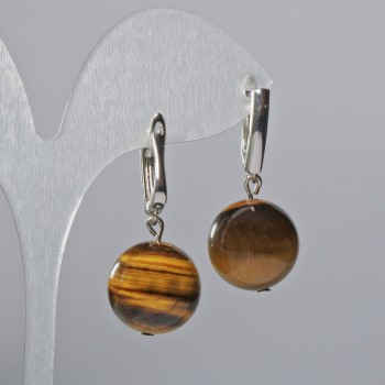 Tiger's Eye Earrings with Natural Stone, Smooth Beads, 16mm Diameter, 35mm Length, English Clasp