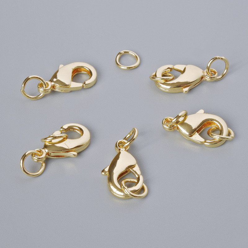 Carabiner clasp hardware, diameter 12x6 mm, gold-colored metal, 1 pc