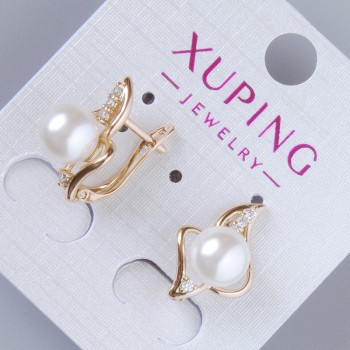 Xuping Earrings with White Crystals and a Central Bead, Diameter 18x12 mm, 18K Plating