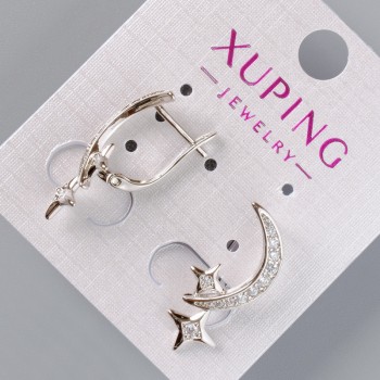 Earrings 'Moon and Stars' Xuping with white crystals, diameter 24 mm, 5x10 mm, rhodium