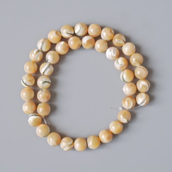 Beads of natural beige mother-of-pearl, smooth ball, 10 mm diameter, 39 cm length on thread