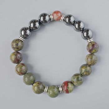 Bracelet with Dragon's Blood Jasper and Hematite, smooth beads, diameter 10.5 mm, length 18-20 cm (stretch) with metal inserts