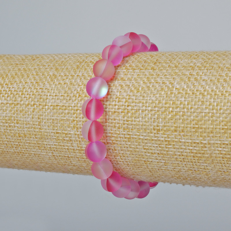 Bracelet Opal Glass Smooth Bead, Raspberry Matte Chameleon Color, Diameter 8 mm +/-, Length 18 cm +/- (Stretch)